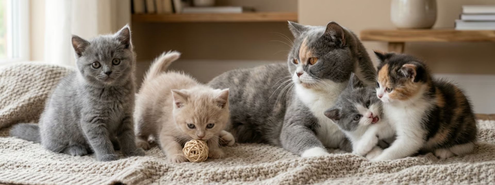 British Shorthair Cat with her kittens