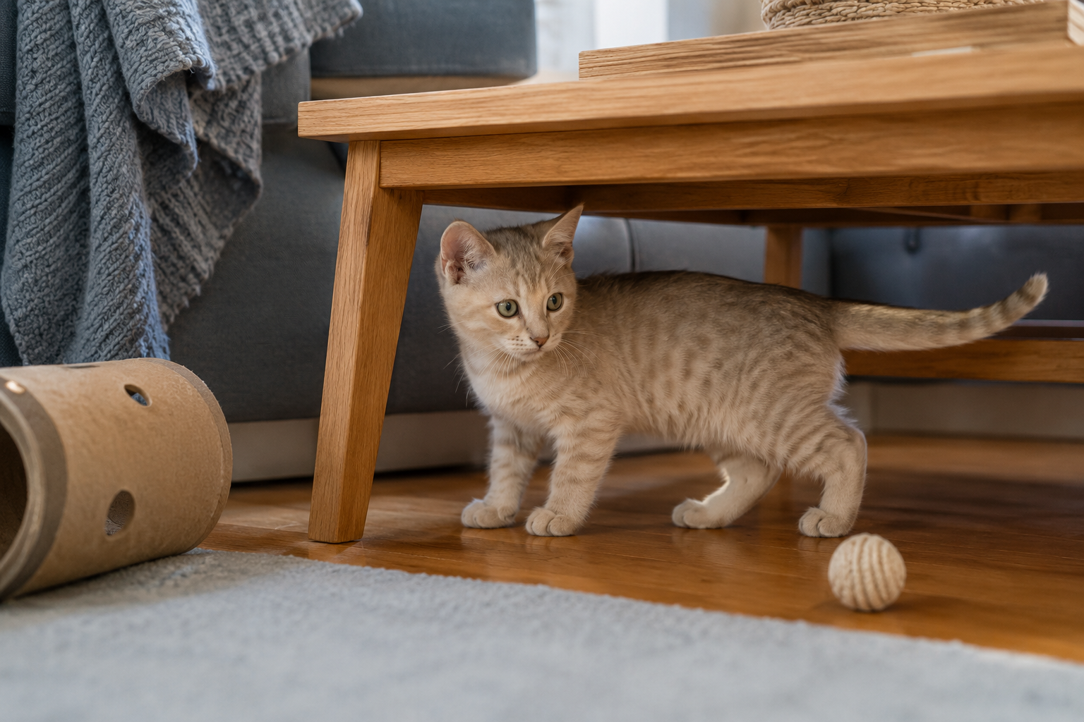 Australian Mist kitten exploring beneath a table in a safely prepared home