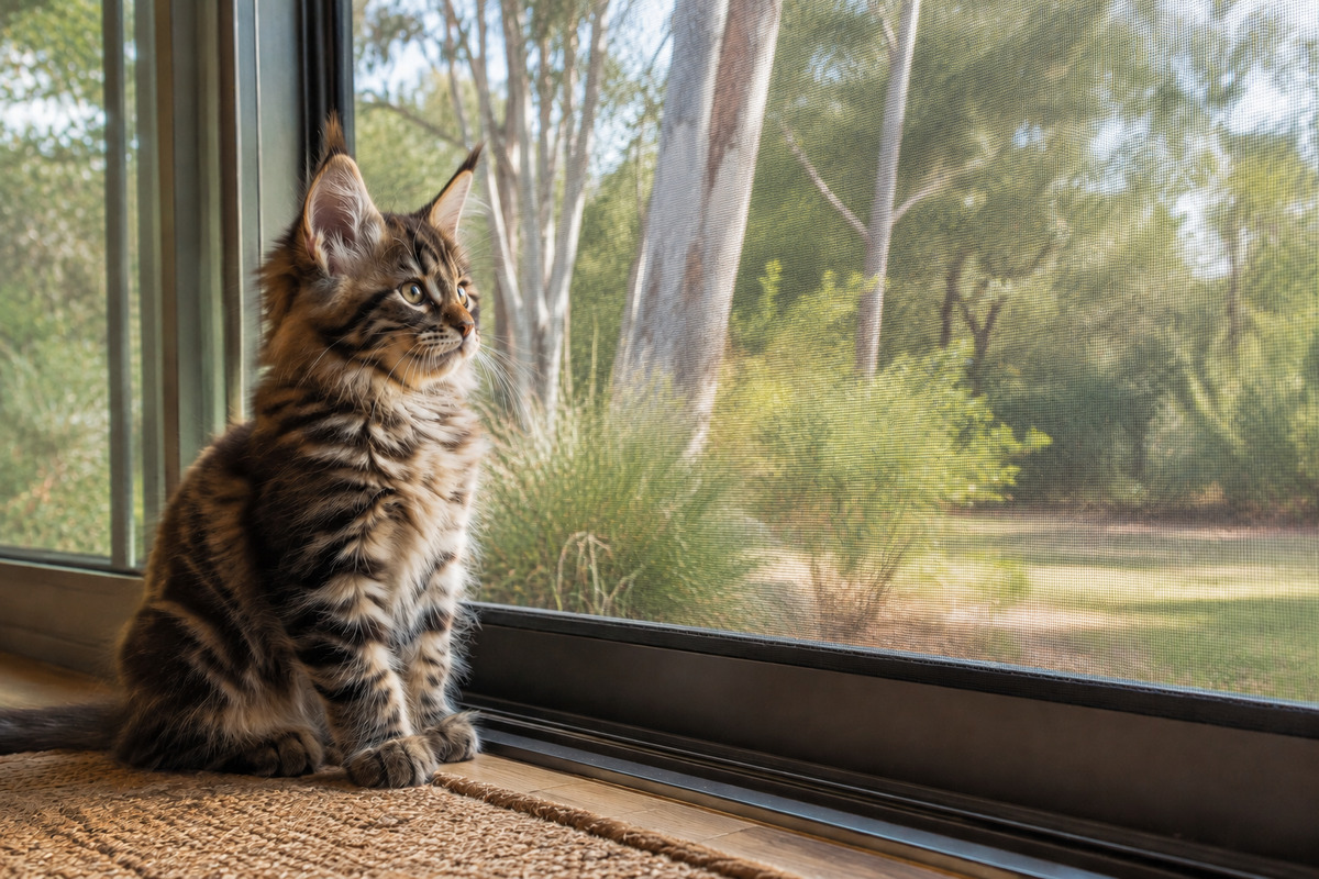 Maine Coon kitten safely watching an Australian garden through a screened door